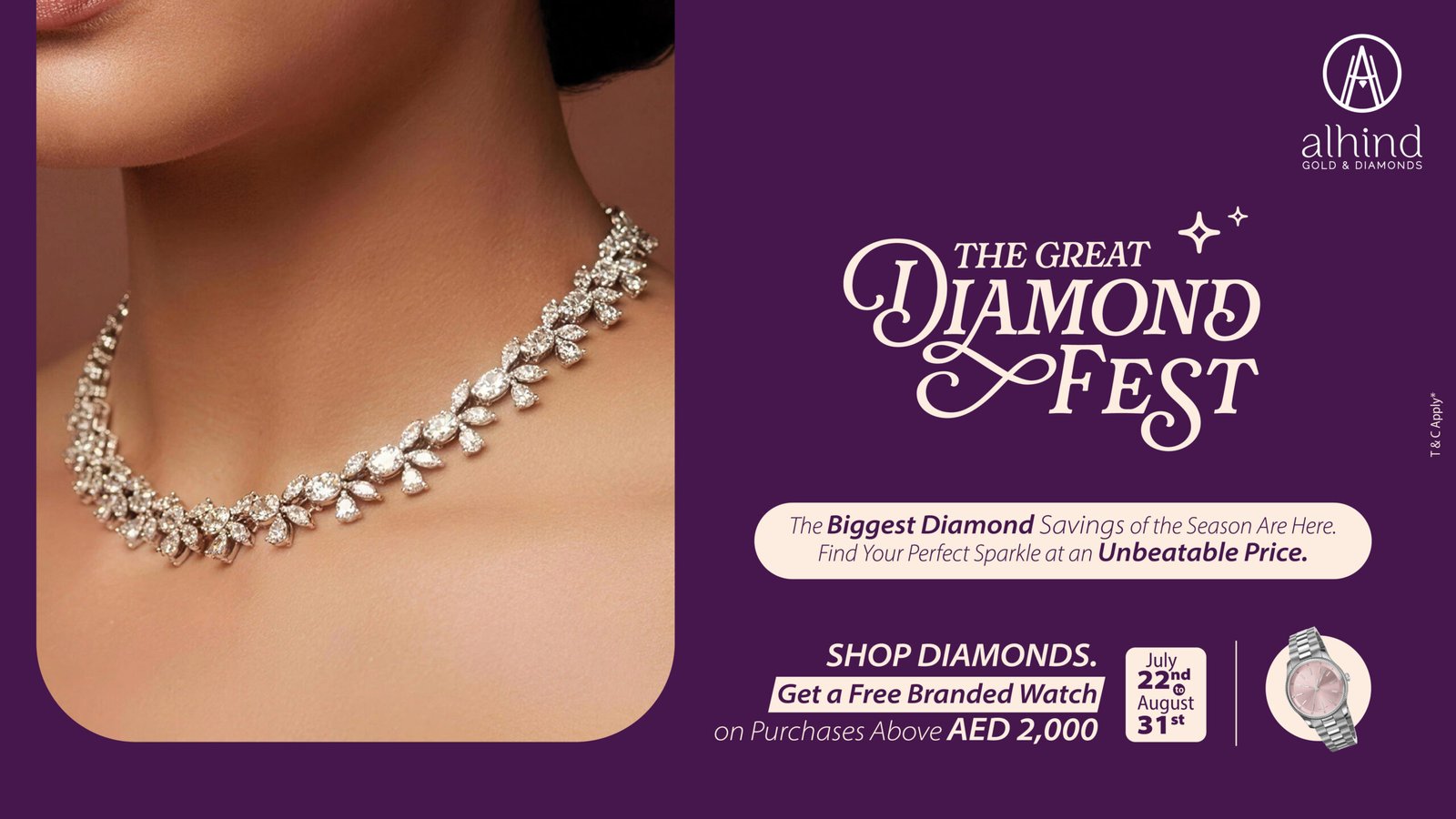 Luxury diamond necklace featured in Alhind Gold & Diamonds' Great Diamond Fest promotion with special savings and a free branded watch offer.